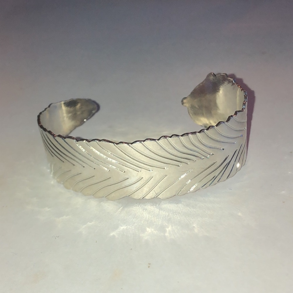 Silver Tone Leaf-Pattern Boho Cuff Bracelet